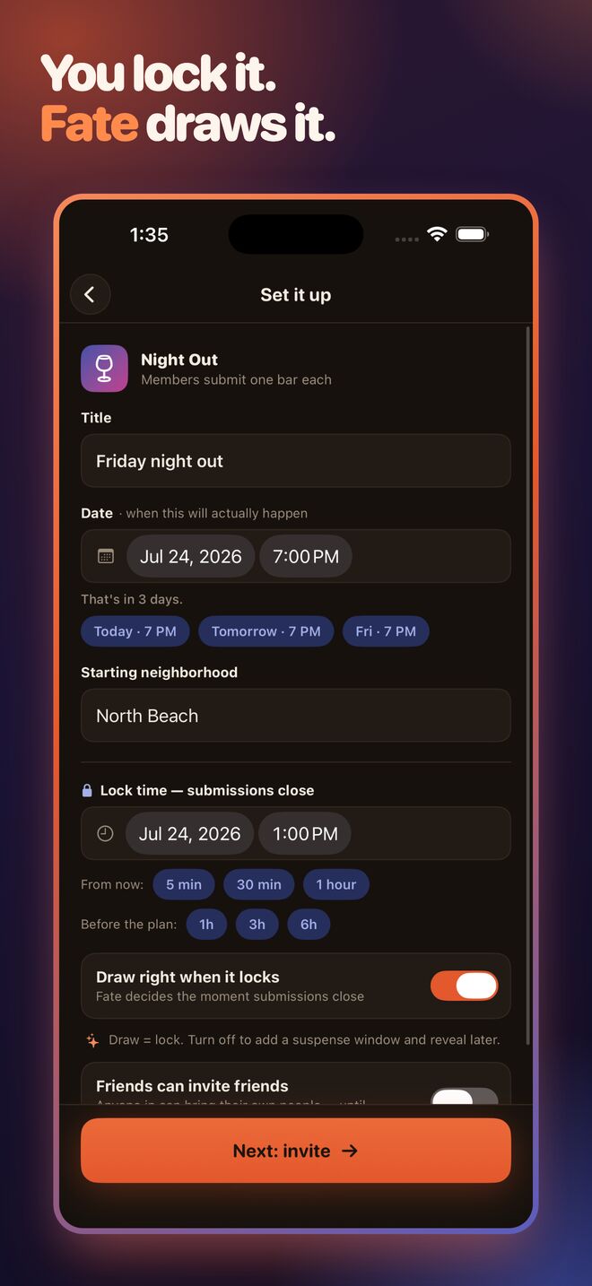 Lock time, draw time, and the toggle that fires the draw the instant picks close.