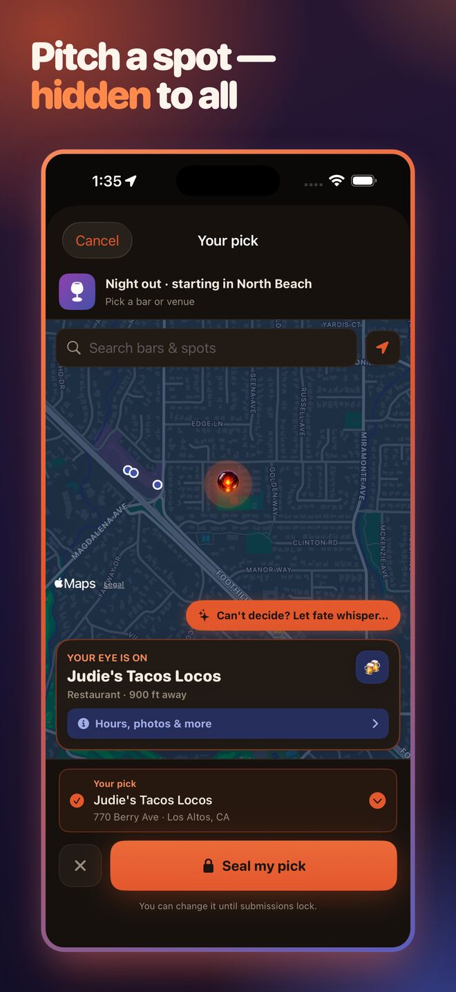 Browse the map, pick a real venue, seal it.