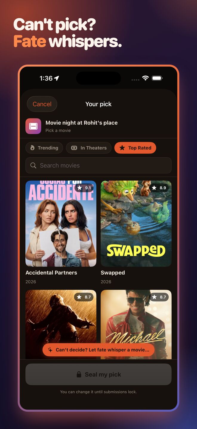 Trending, In Theaters and Top Rated — or search. One pick each.